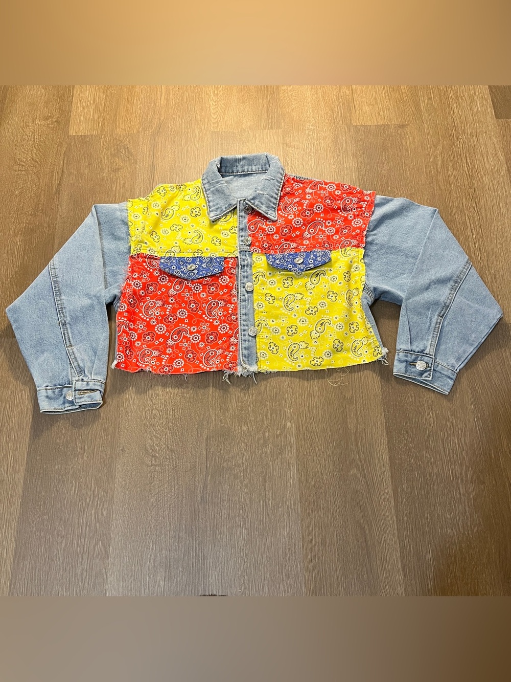 Handmade Bandana Patchwork Cropped Denim Jacket/NWOT (S)